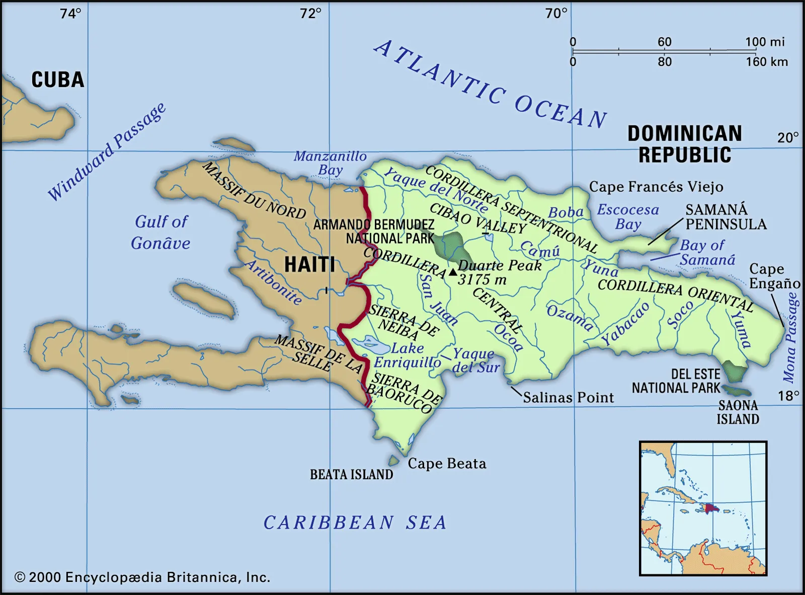 Map of Hispaniola, with Haiti on the left and Domincian Republic on the right side of the island.